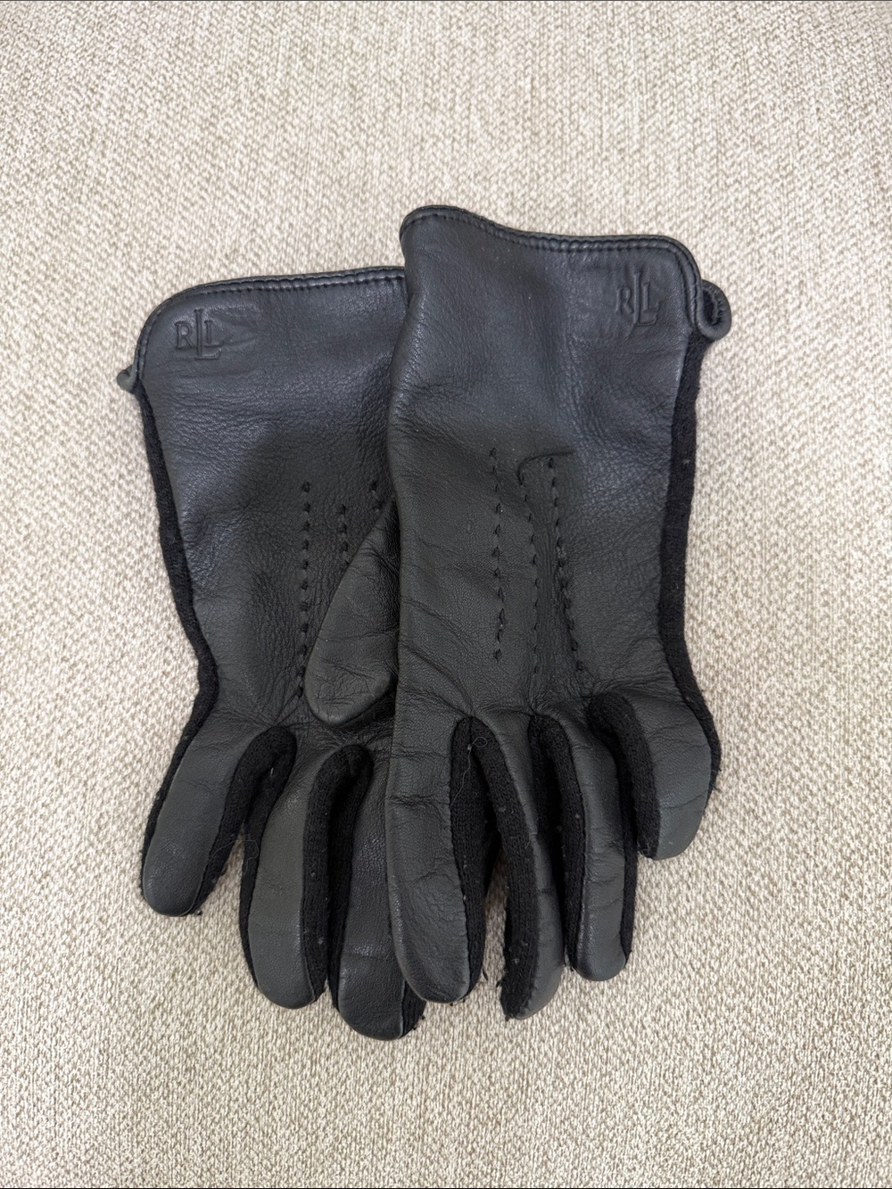 Ralph Lauren Black Knit Leather Touchscreen Gloves Women’s Small